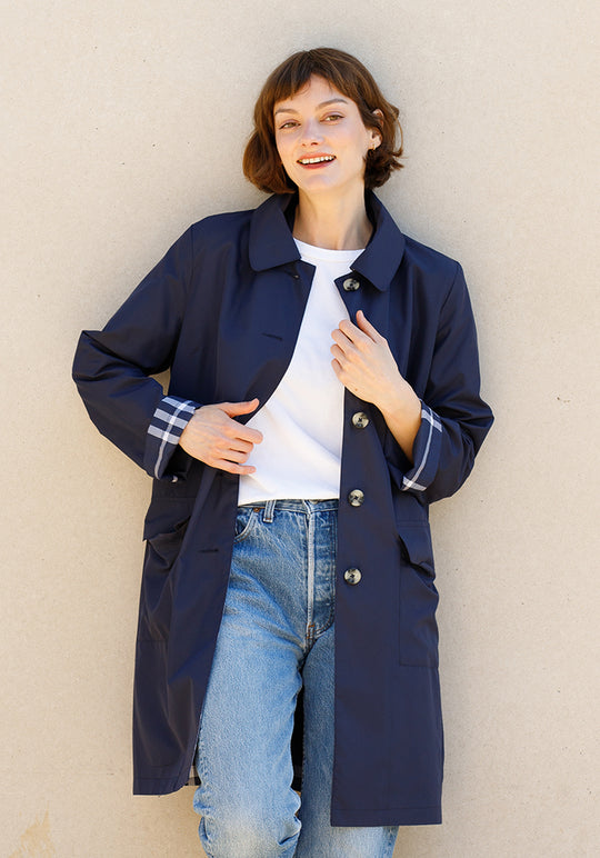 Navy & Navy Plaid RAINTRENCH (with detachable hood) | Rain Trench Coat (Pre-Order - Shipping July 27)