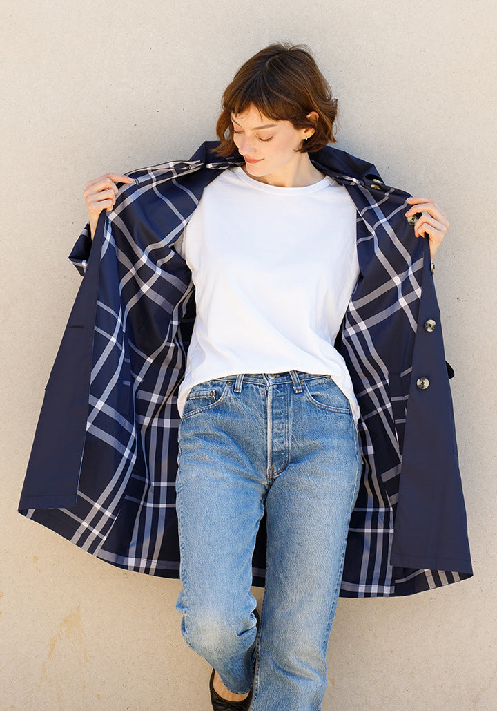 Navy & Navy Plaid RAINTRENCH (with detachable hood) | Rain Trench Coat (Pre-Order - Shipping July 27)