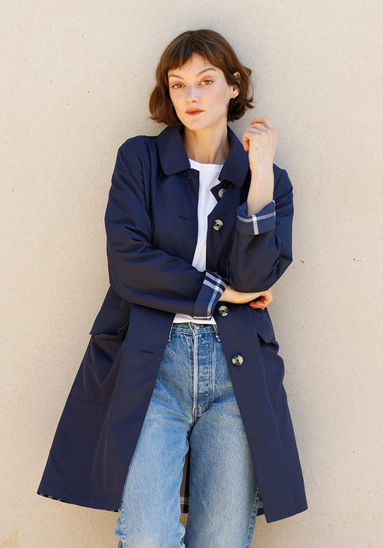 Navy & Navy Plaid RAINTRENCH (with detachable hood) | Rain Trench Coat
