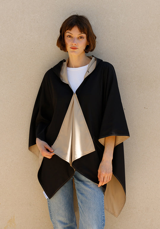 Hooded Black & Camel RAINRAP | Women's Rain Poncho (Pre-Order Shipping July 27)