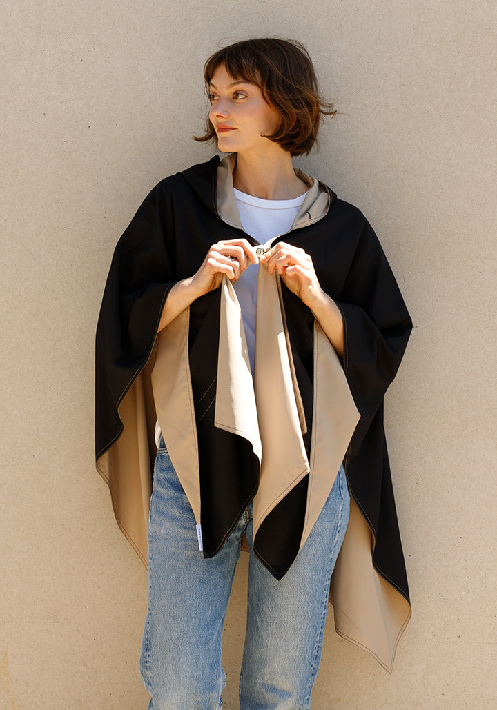 Hooded Black & Camel RAINRAP | Women's Rain Poncho (Pre-Order Shipping July 27)