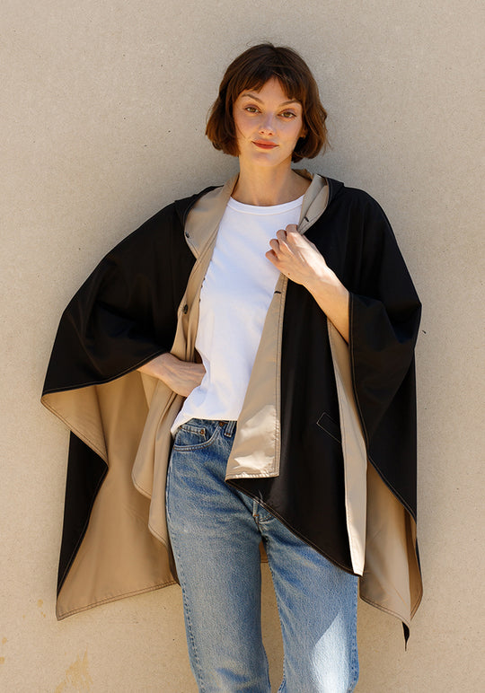 Hooded Black & Camel RAINRAP | Women's Rain Poncho (Pre-Order Shipping July 27)