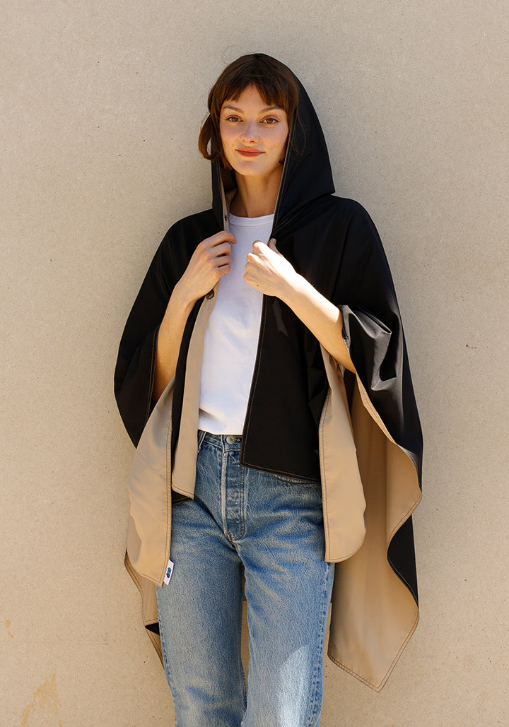 Hooded Black & Camel RAINRAP | Women's Rain Poncho (Pre-Order Shipping July 27)